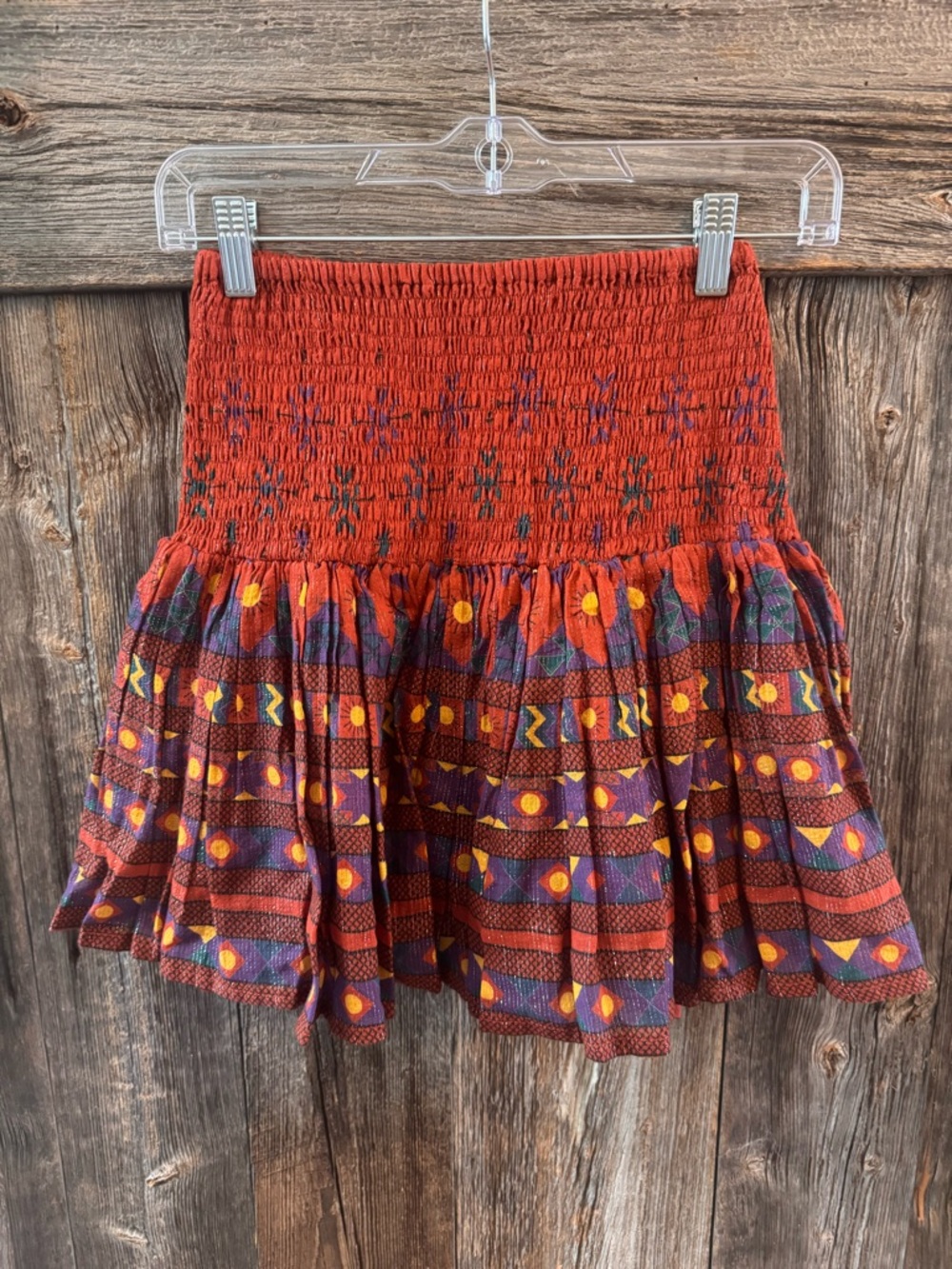 Place Nationale Smocked Mini Skirt Boho Tribal Print Cotton Size 1